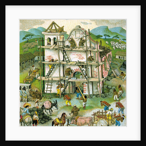 Illustration of building of first Spanish mission in California by C.H. DeWitt