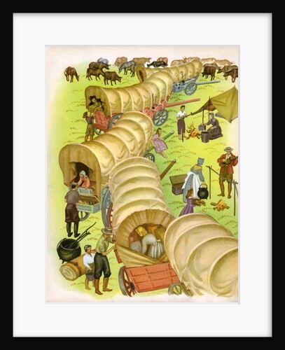 Illustration of pioneer wagon camp by Janice Holland