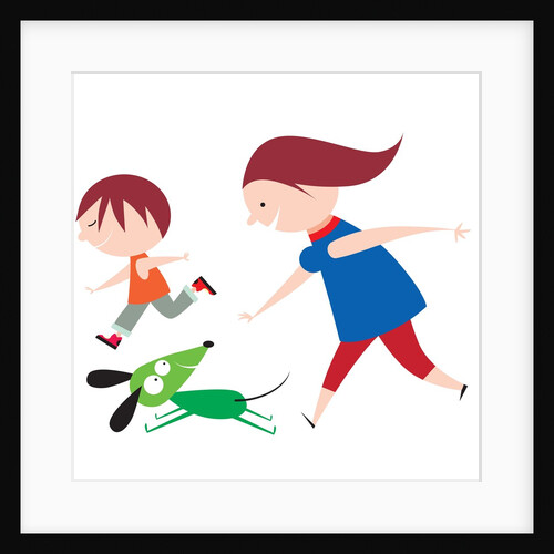 A Mother and Son Running with a Dog by Anonymous