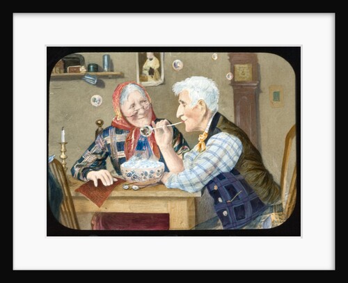 Victorian magic lantern slide of elderly couple blowing bubbles by Anonymous