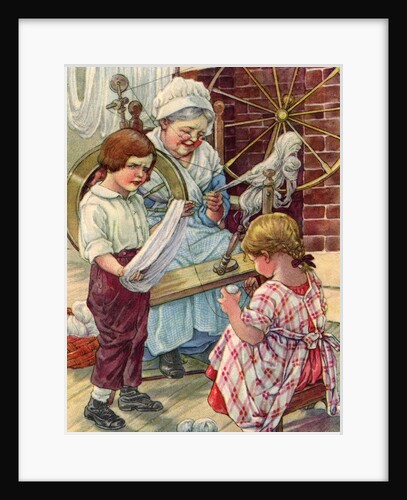 Illustration of children helping grandmother spin wool by Clara M. Burd