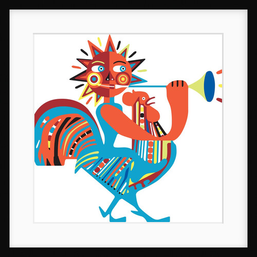 Sun riding chicken and playing horn by Anonymous