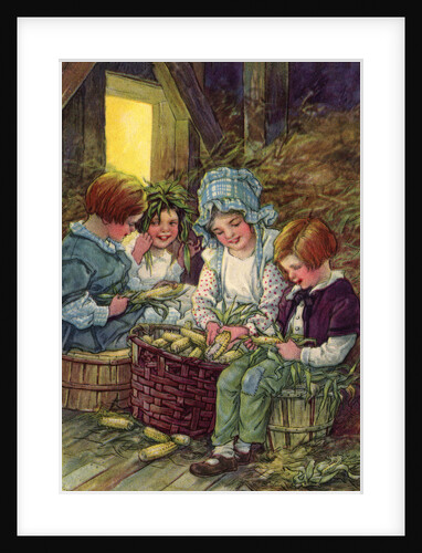 Illustration of children shucking corn by Clara M. Burd