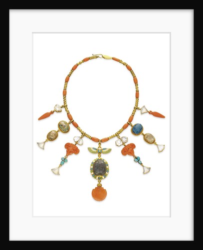 Egyptian Revival coral, multi-gem and gold necklace by Anonymous