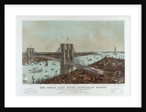 Grand Birds Eye View of the Great East River Suspension Bridge by Currier & Ives