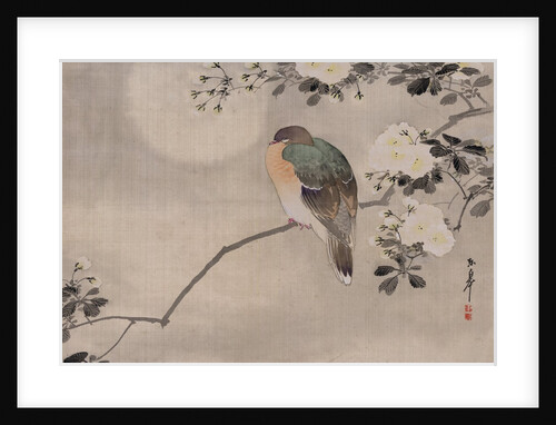 Japanese watercolor of bird perched on a branch of a blossoming tree by Corbis