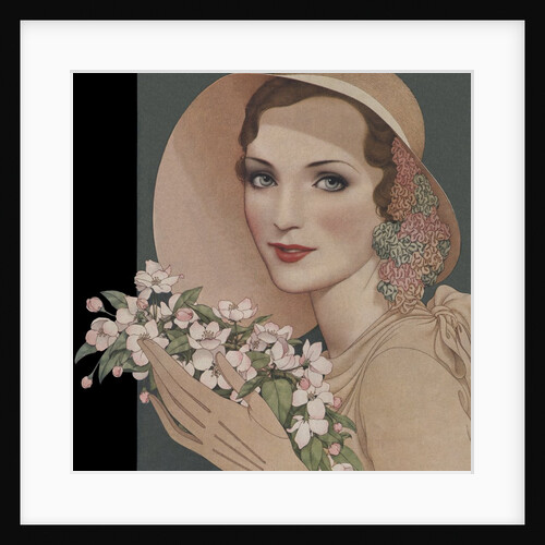 Woman with flowers in picture hat by Anonymous