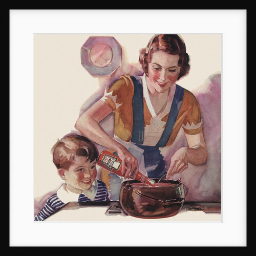 Boy watching mother cook with ketchup by Anonymous