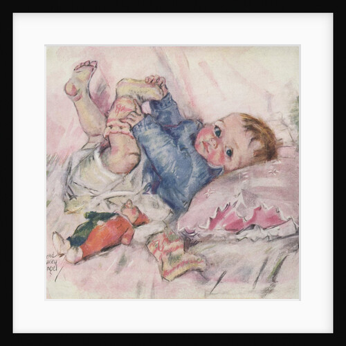 Baby in crib with toys by Anonymous