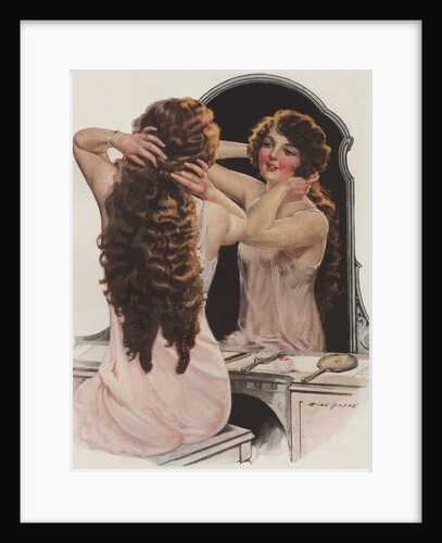Brunette fixing hair in mirror by Anonymous