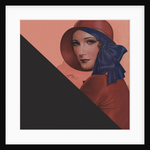Woman with red hat and blue ribbon by Anonymous