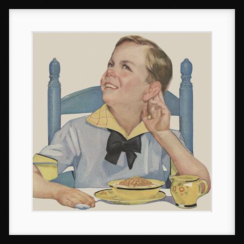 Boy listening while eating cereal by Anonymous