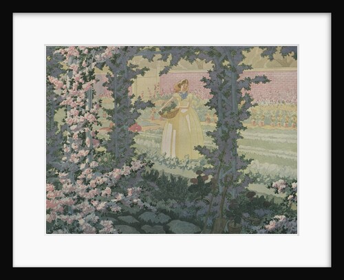 Woman in dress and hat picking flowers by Anonymous