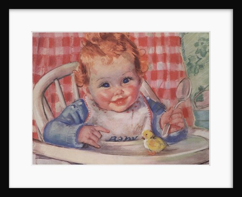 Baby in high chair with chick by Anonymous