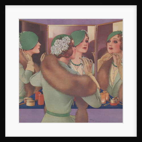 Woman in green hat at mirror by Anonymous