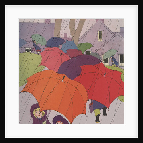 Children in rain with umbrellas, by Anonymous