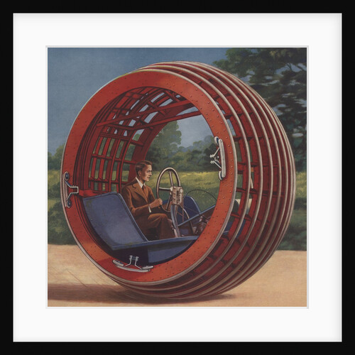 Man in futuristic round car by Anonymous