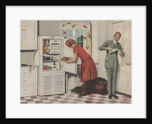 Man and woman in kitchen getting food by Anonymous