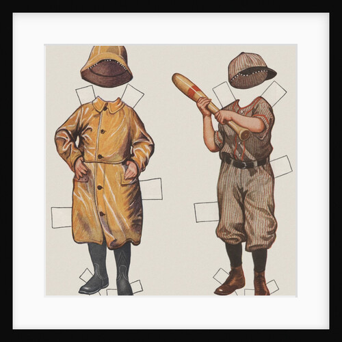 Paper doll boy with baseball uniform and rain slicker by Anonymous