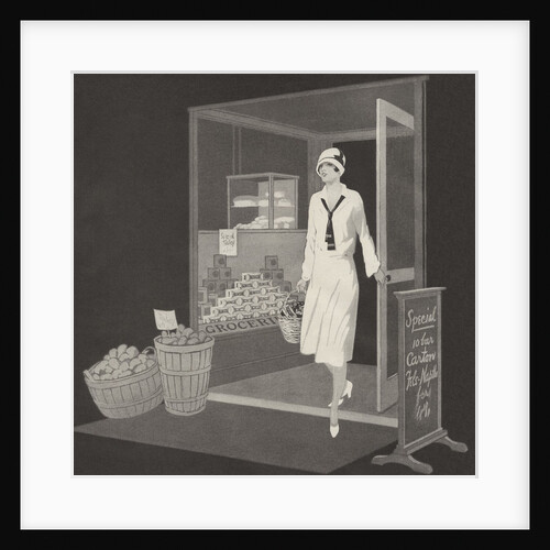 Flapper woman coming out of grocery store by Anonymous
