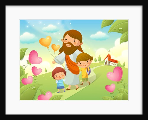 Jesus Christ walking with two children by Anonymous