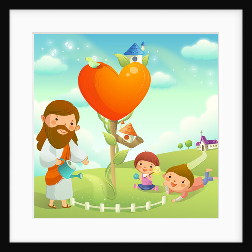 Figure of Jesus Christ watering a plant and two children playing on the grass by Anonymous