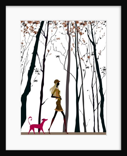 Side profile of a woman walking with her dog by Anonymous