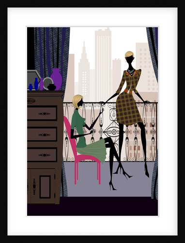 Side profile of a woman sitting on a chair with another woman standing beside her by Anonymous