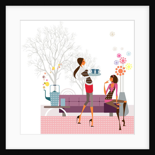 Side profile of a woman holding a tray and another woman sitting beside her by Anonymous
