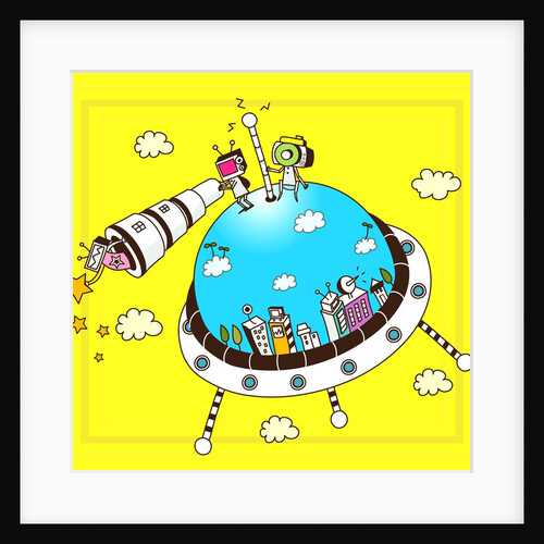 Robots with a telescope on an UFO by Anonymous