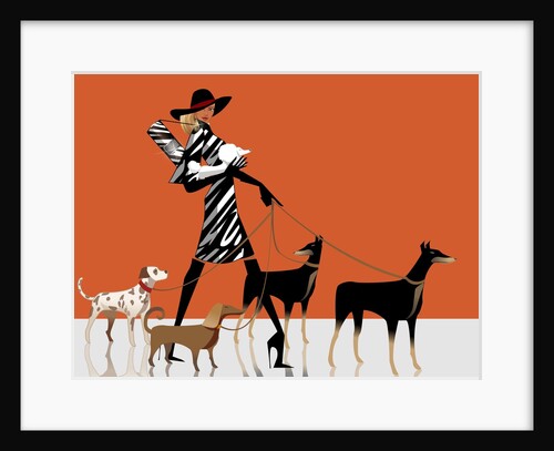 Side profile of a woman walking with her dogs by Anonymous