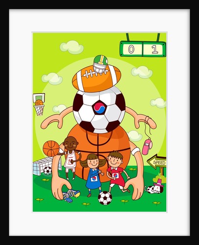 Two boys with a girl standing in front of balls of different games by Anonymous