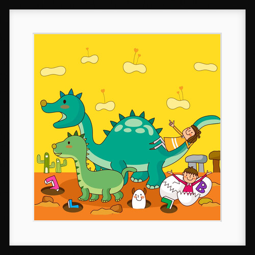 Boy breaking out of an egg with a girl lying on a dinosaur by Anonymous