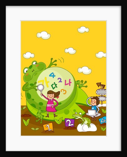 Girl holding a magnifying glass with another girl using a laptop near a giant frog by Anonymous