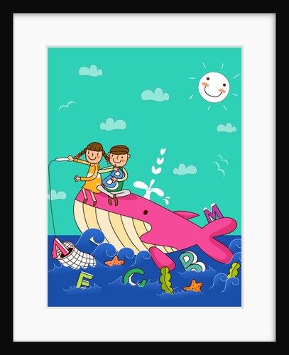 Boy with a girl sitting on a whale and fishing in the sea by Anonymous