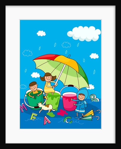 Two girls and a boy under an umbrella in the rain by Anonymous