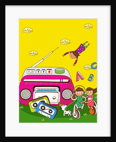 Boy and a girl sitting on a headphone and listening to music from a cassette player by Anonymous