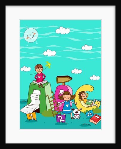 Three children with alphabets and numbers underwater by Anonymous