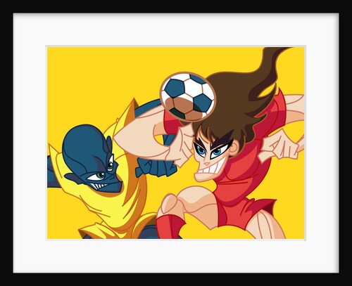 Two soccer players playing soccer and pushing each other by Anonymous