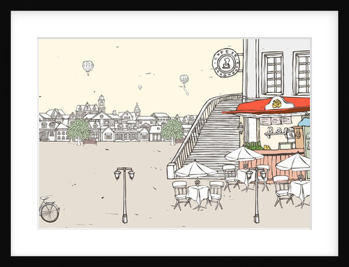 Roadside cafe with buildings in background and hot air balloon flying against sky by Anonymous