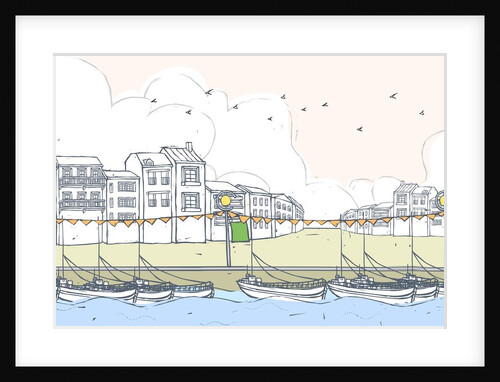 Nautical vessel anchored at dock by buildings against sky by Anonymous