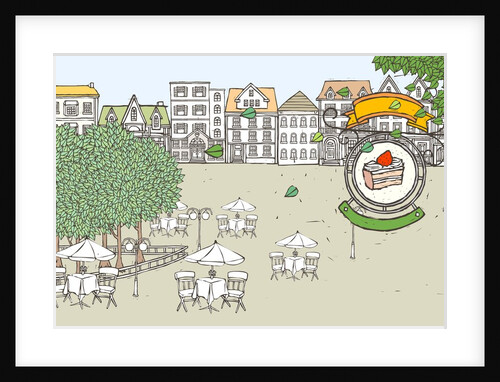 Roadside cafe by buildings against sky by Anonymous