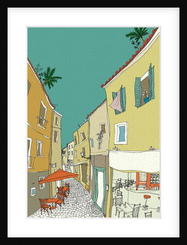 Tables and chairs under canopy by buildings at sidewalk cafe by Anonymous
