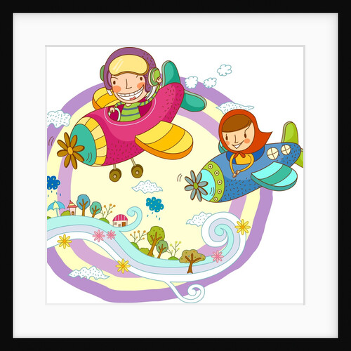 Friends traveling in propeller airplane by Anonymous