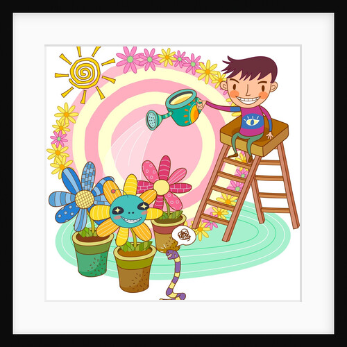 Boy sitting on ladder, watering potted plant by Anonymous