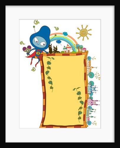 Picture frame with superhero, cats and church by Anonymous