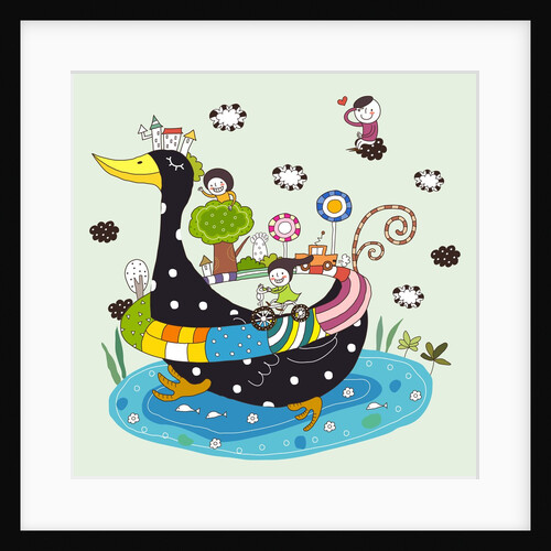 Side view of children enjoying, traveling on duck by Anonymous