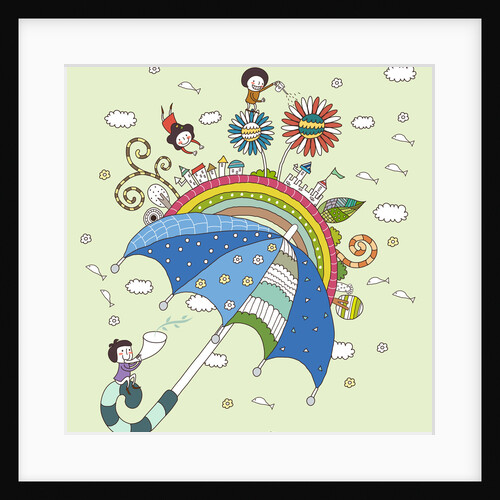 Children playing with umbrella by Anonymous