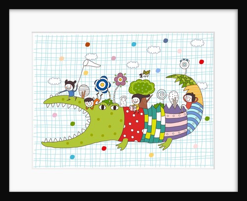 Side view of children on crocodile back by Anonymous