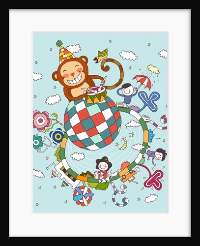 Children playing with toy monkey by Anonymous